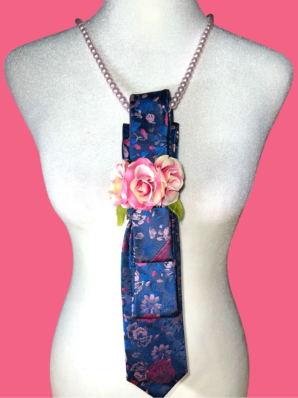 Floral Blue Satin Necktie necklace with Pink Rose Accent. Handmade!